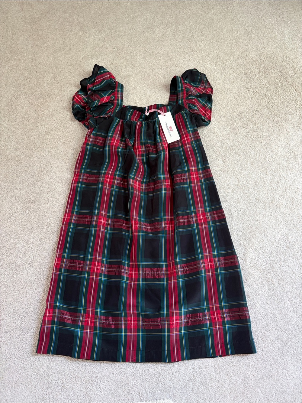 Vineyard Vines Red Green Black Plaid Puff Sleeve Dress